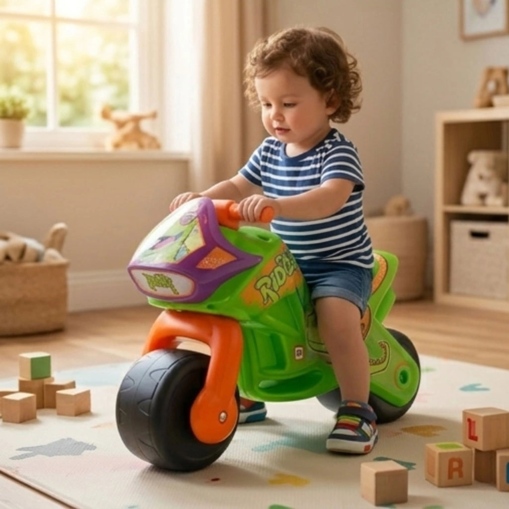 Moto Cavalcabile per Bambini Twin Dessert Dino Senza Pedali Verde e Arancione