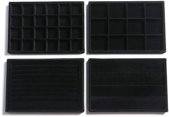 Set di contenitori per gioielli in tessuto a felpa, stivaggio per accessori, display, orecchini, bracciali, collane, anelli, accessori, contenitori per donne (set da 4, nero)