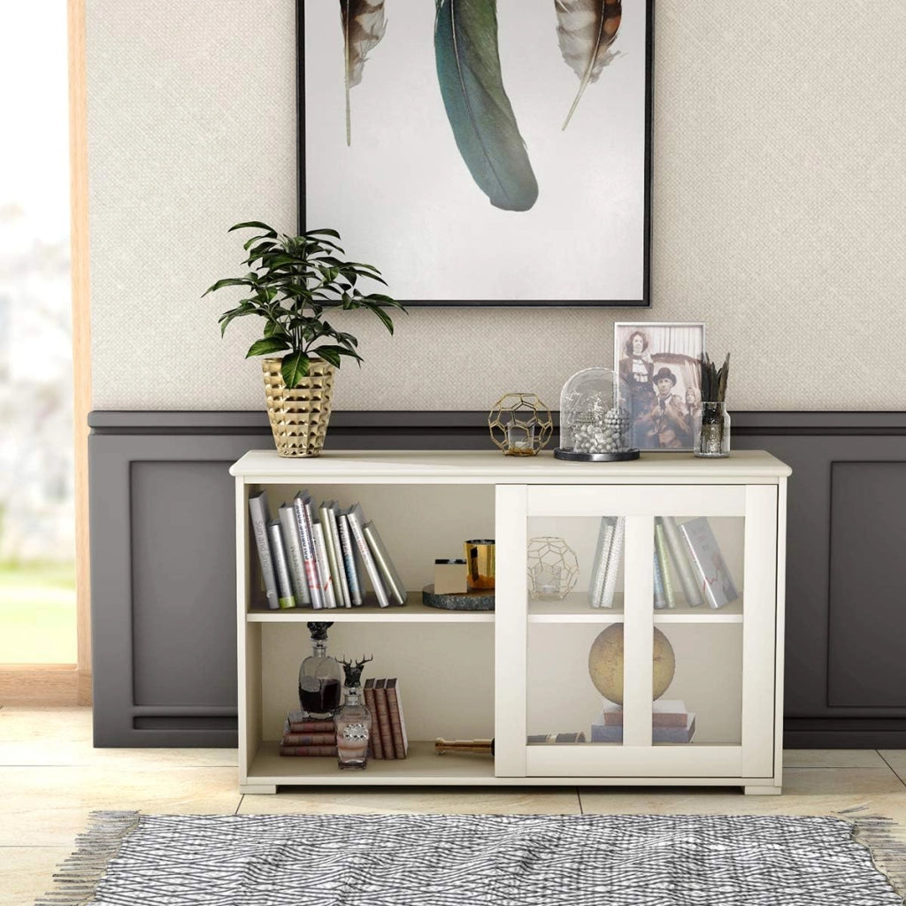 Armadietto da Cucina Mobile Laterale Multiuso con Ante Scorrevoli, in Legno e Vetro, 106,5 x 33 x 62,5 cm (Bianco Crema)