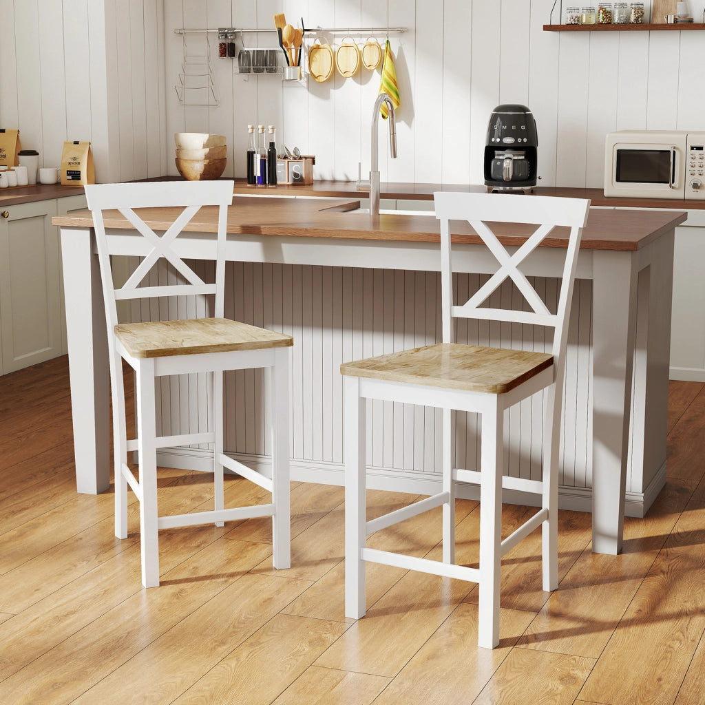 Set 2 Sedie da Bar con Schienale e Poggiapiedi ¨C Zephmum ¨C Legno Hevea Colore E+Beige