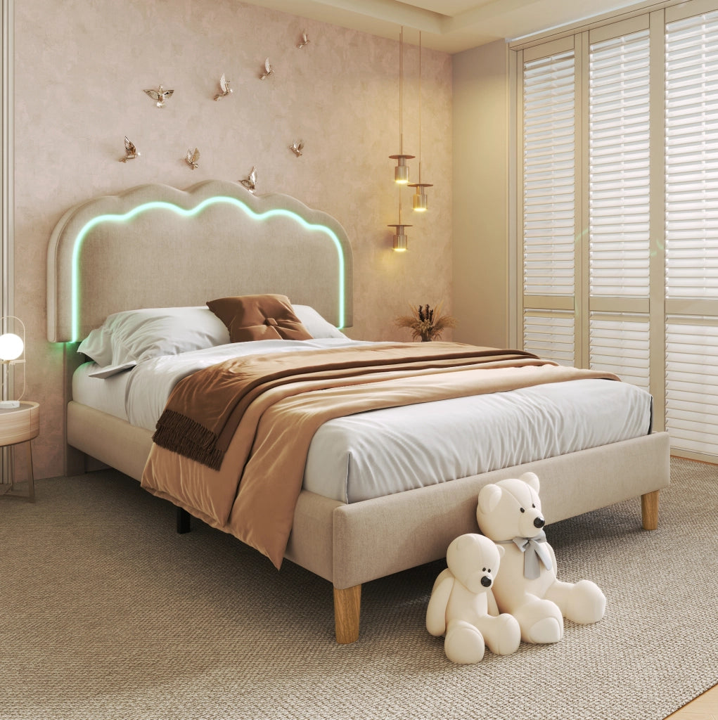 Letto imbottito singolo 90x200 cm con testiera LED regolabile; in lino beige