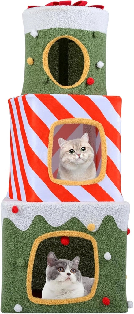 Albero di Natale per Gatti da Interno, Tiragraffi per Gatti con 3 Condo, Caverne Nascoste e Pallina Appesa, Grande Torre Impilabile a Forma di Scatola Regalo per Decorazioni Natali