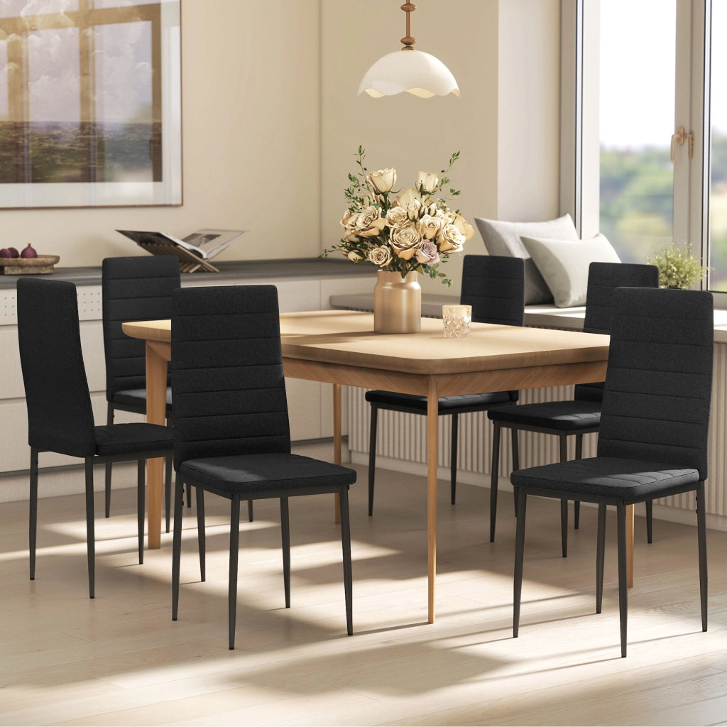 Set 6 Sedie da Pranzo Moderne ¨C Xylo ¨C Tessuto Lino Sintetico Nero, Schienale Alto, Gambe Metallo 41x50x97cm