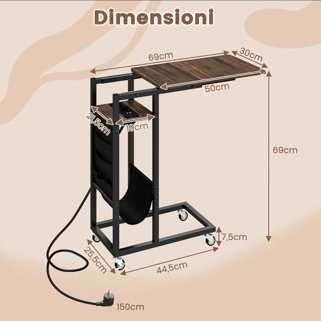 Tavolino da Salotto, Tavolino Laterale con Piano Retrattile e Prese di Corrente, Tasca per Riporre e Ruote Bloccabili, Tavolino per Soggiorno e Camera da Letto (Marrone)