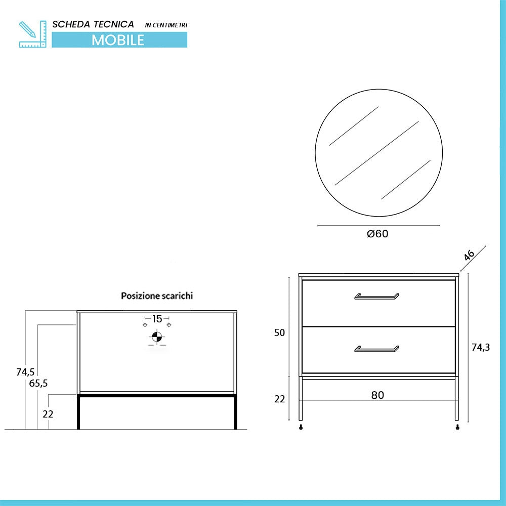 Mobile bagno sospeso 80cm tortora con due cassetti e specchio Brik
