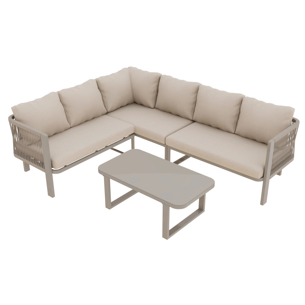 Set Mobili da Giardino 6 Posti con Tavolo, Divano e Sedie ¨C MINIMAL ¨C Acciaio, Vetro, Textilene, Beige