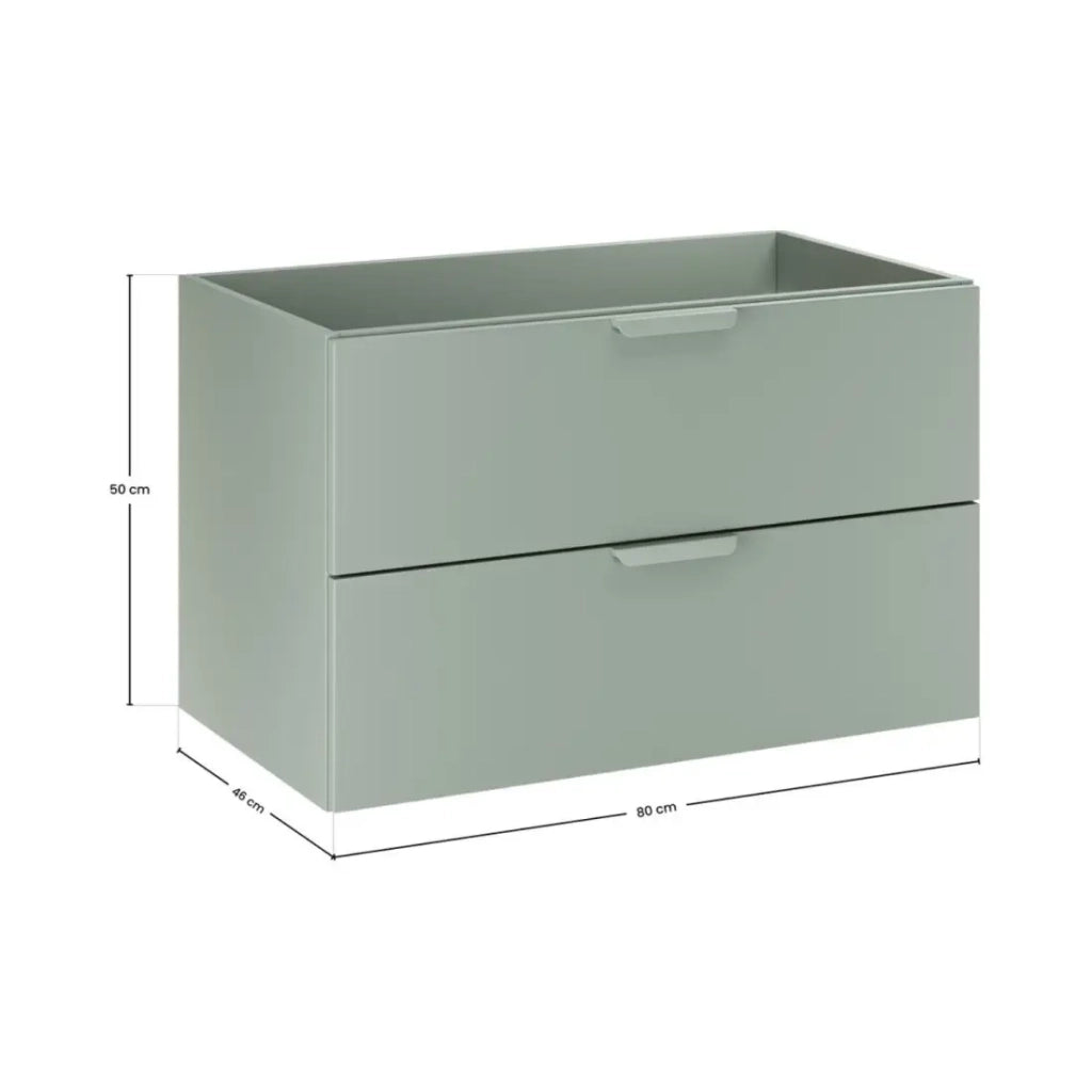 Set OSTER 120cm: mobile sottolavabo con cassetti verde salvia e nicchie a vista + piano per lavabo + lavabo da appoggio bianco