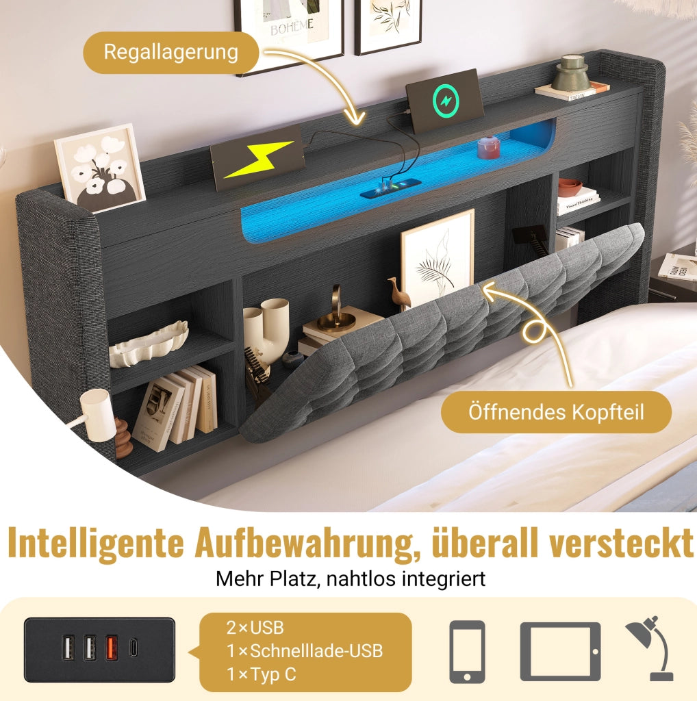 Letto imbottito 180x200 cm con contenitore idraulico, LED e prese di ricarica