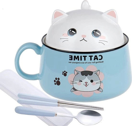 Piatto di Ramen in Ceramica con Coperchio Gatto in Ombra 1020ml - Zuppa di Noodle Instant Dessert Box di Pranzo
