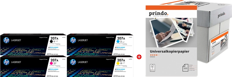 ORIGINAL HP Value Pack nero / ciano / magenta / giallo / Bianco 207A MCVP 01 + Prindo Universal Papier 2500 Blatt ~5100 Seiten