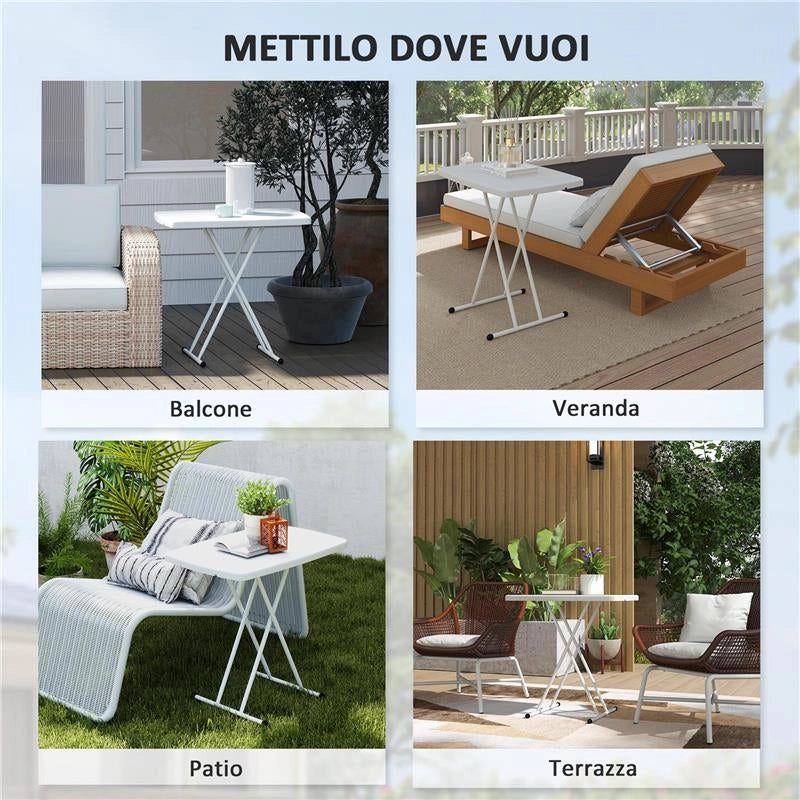 TAVOLINO DA GIARDINO PIEGHEVOLE CON ALTEZZA REGOLABILE, METALLO E HDPE, BIANCO