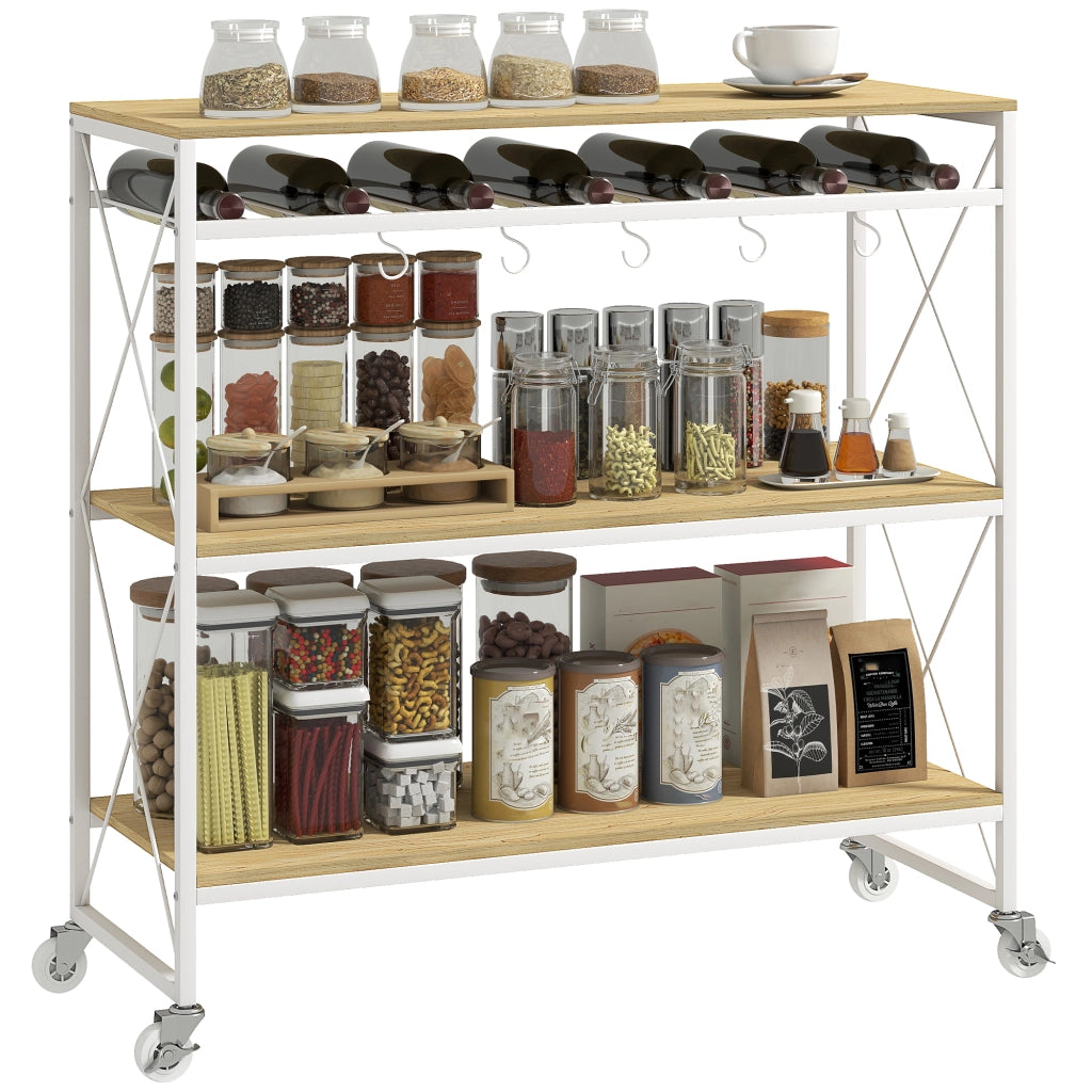 Carrello Portavivande a 4 Livelli con Portabottiglie ¨C zephmum ¨C Legno e Metallo, 96.5x38x96.7 cm