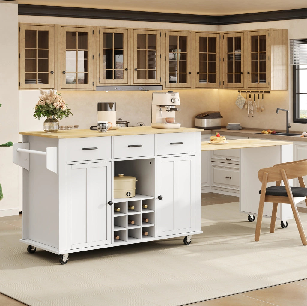 Isola cucina mobile con piano estensibile, prese USB e 7 ruote