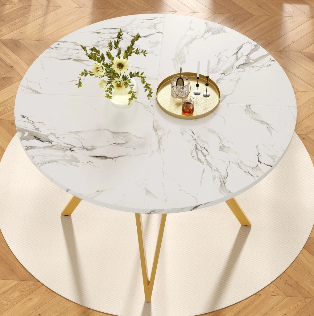 Tavolo da pranzo rotondo 100x100x76 cm con piano effetto marmo; piedini regolabili; MDF; oro