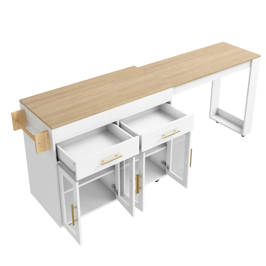 Carrello da cucina con piano estraibile, 2 cassetti, 2 ante in vetro, per cucina, in MDF bianco, 132,5-217 × 50 × 93 cm