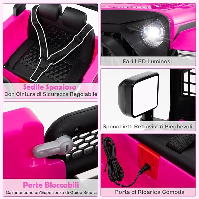 12V Macchina elettrcia per Bambini, Auto con Telecomando 3 Velocità Luci LED Musica, Doppi Motori, Veicolo Elettrico per Bambini 3+ Anni, Carico 30 kg (Rosa)