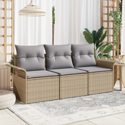 Set Divano da Giardino 3 Pezzi con Cuscini Beige in Polyrattan