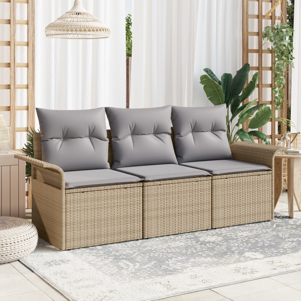 Set Divano da Giardino 3 Pezzi con Cuscini Beige in Polyrattan