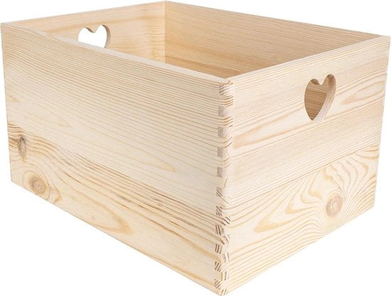 Scatola in Legno XL con Maniglie a Cuore | 40 x 30 x 24 cm (+/- 1 cm) | Ideale per Documenti, Giochi e Attrezzi | Stile Vintage