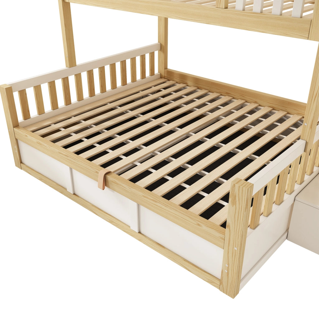 Letto a castello per bambini, 90/140 x 200 cm, con sponde di protezione e spazio contenitivo, bianco e color legno