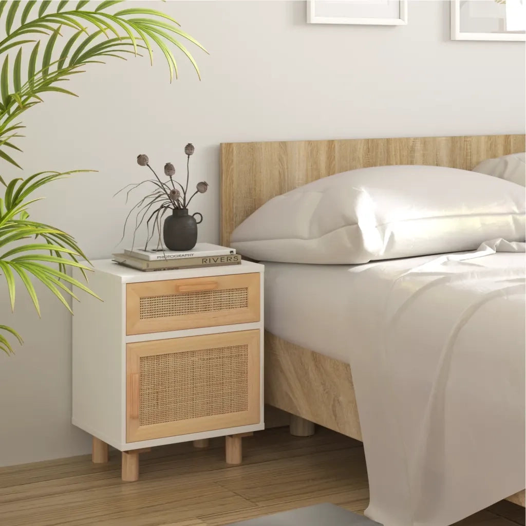 Comodino | Armadio da Notte | Mobiletto da notte Bianco in Legno Massello di Pino e Rattan Naturale