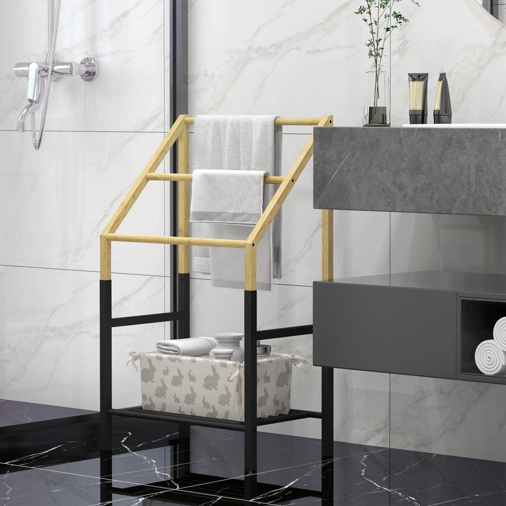 Portasciugamani a Terra con Ripiano ¨C Zephmum ¨C Nero e Legno 51x31x85.5 cm