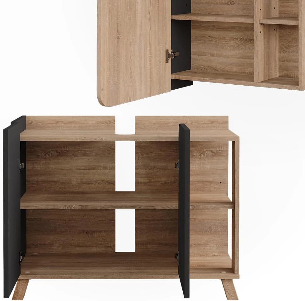 Set di mobili da bagno Karen, Sonoma/antracite, 80 cm, composto da specchio da bagno e mobile sottolavabo