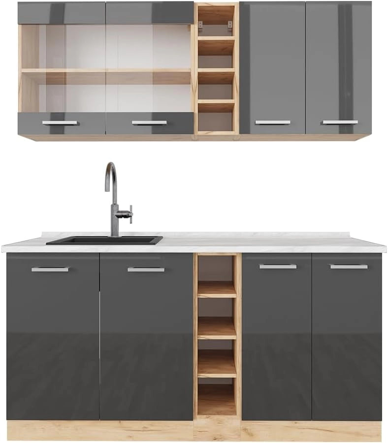 Cucina completa R-Line, Antracite lucido/oro power oak, 160 cm, PL Marmo, adatto per combinazioni ed espansioni personalizzate