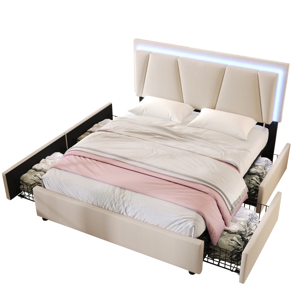 Letto matrimoniale 140x200 in beige con LED, 4 cassetti, testiera regolabile e struttura in ferro