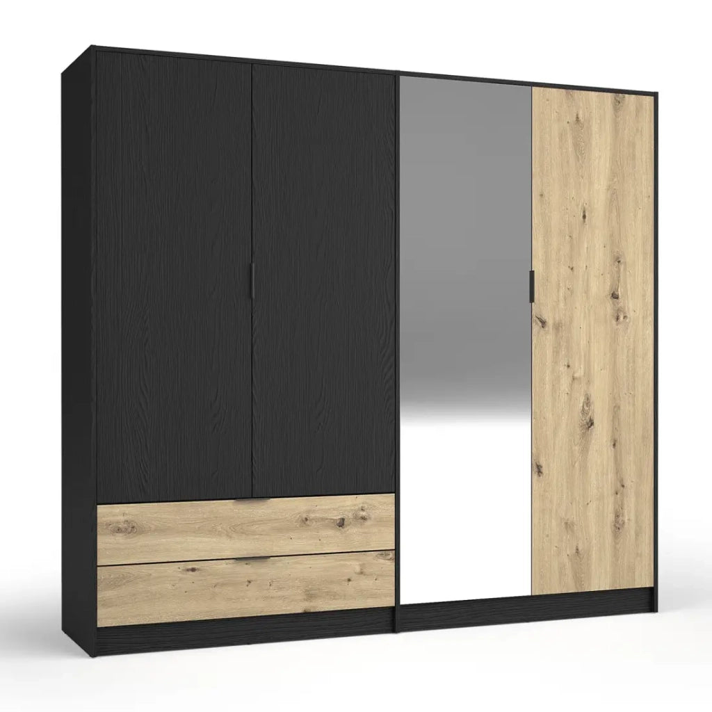 Camera completa MELODY – Letto contenitore 180x200 + armadio + cassettiera + comodini – Nero grafite e rovere chiaro – Materasso non incluso