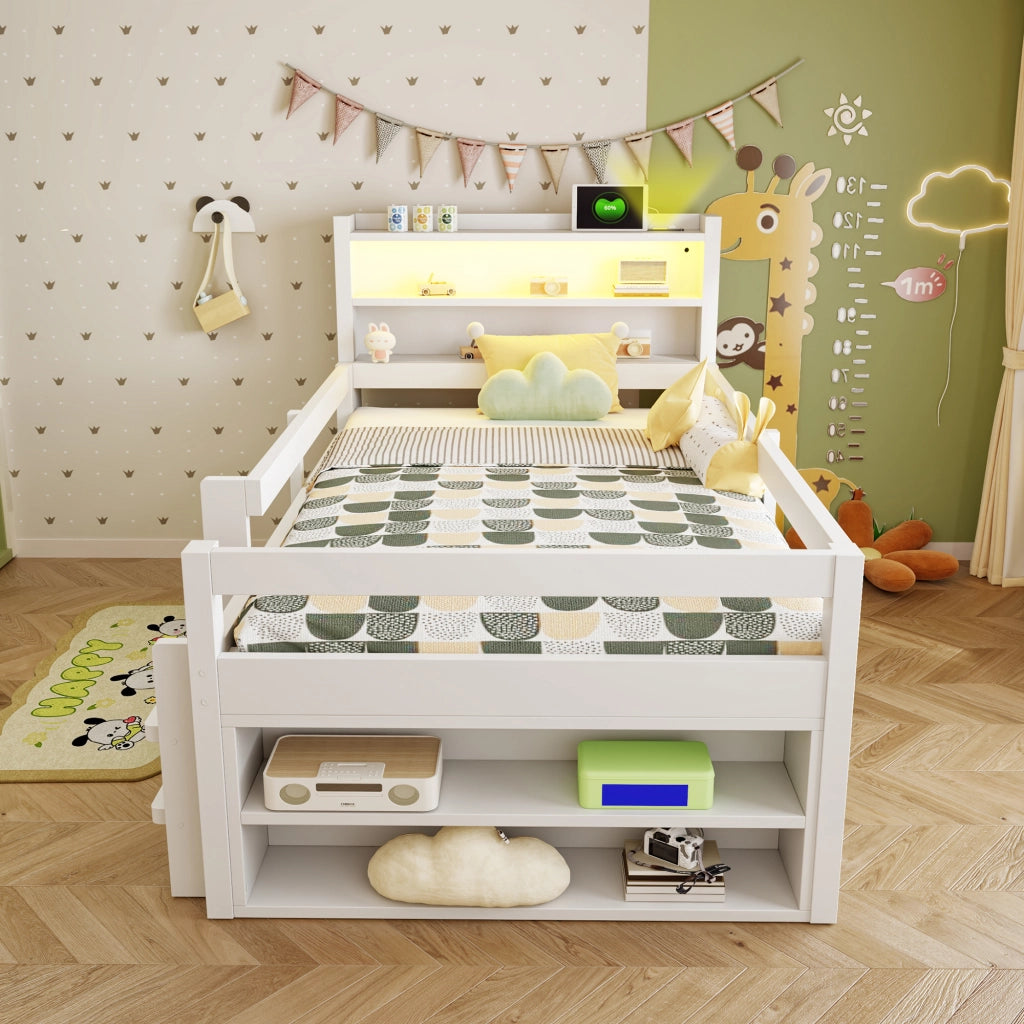 Letto a soppalco per bambini 90×200 cm con ripiani; vani contenitore; LED; USB; senza materasso