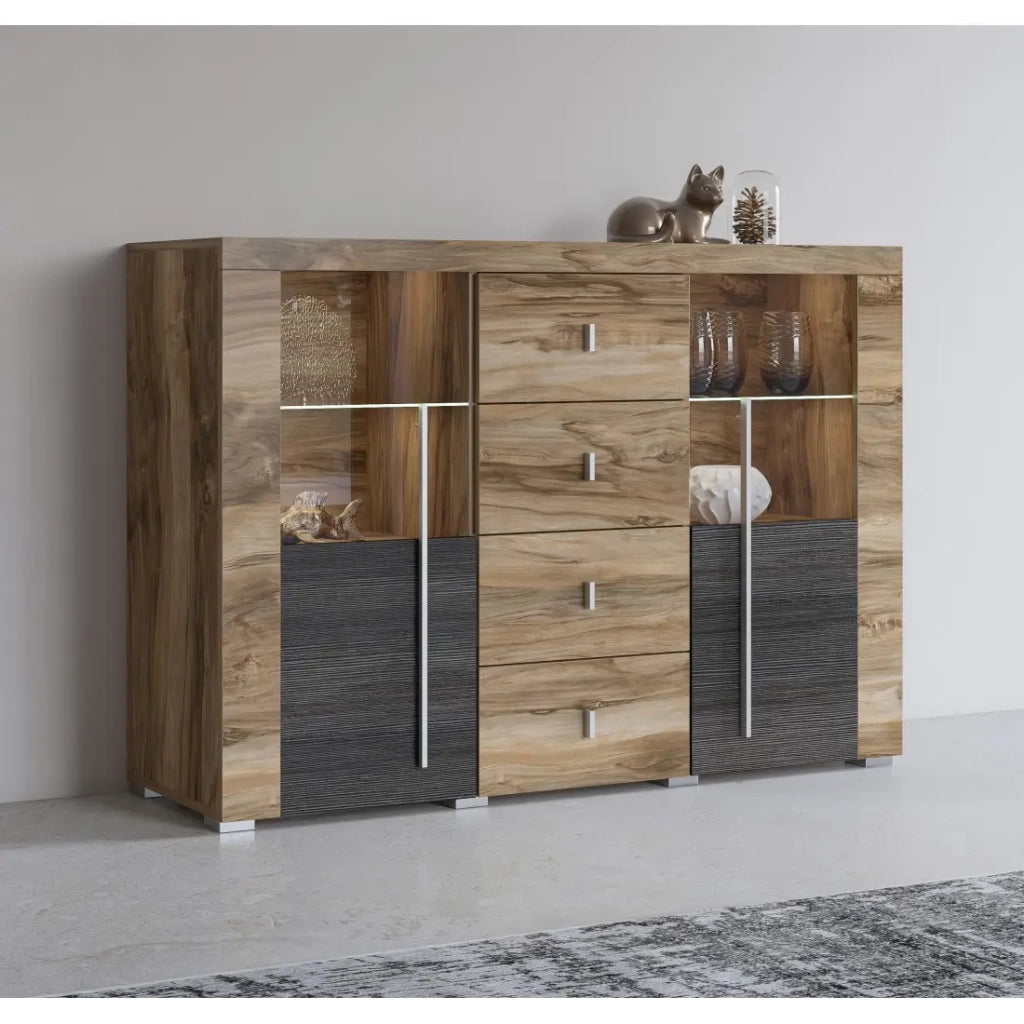 Buffet BRAZZA 2 porte 4 cassetti – Finitura noce satinato – Nicchie aperte e vetrine – 132 cm