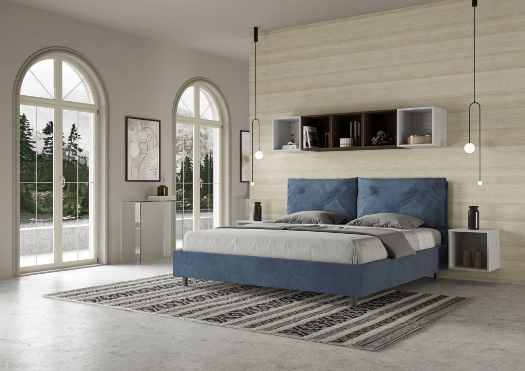 BS COM Letto matrimoniale king size senza rete imbottito 190x190 microfibra blu Large
