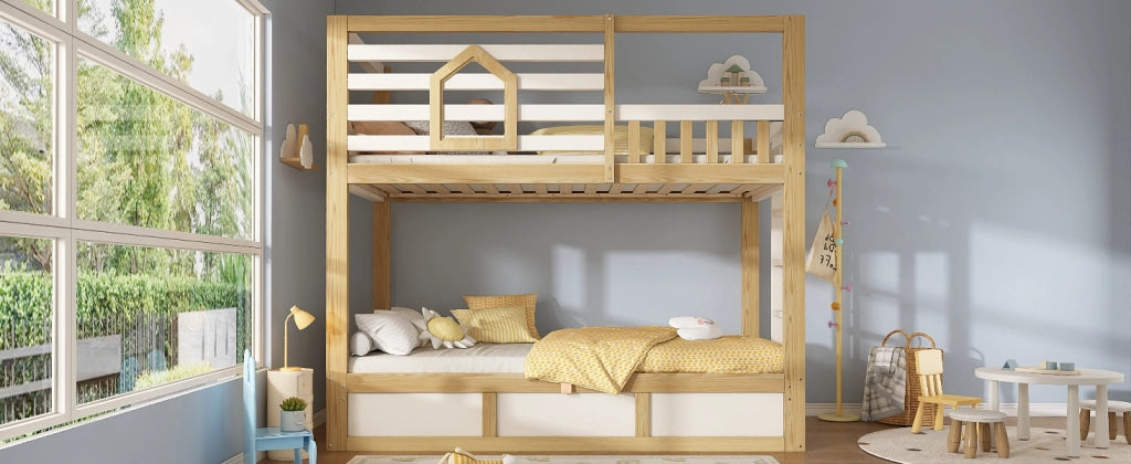 Letto a castello per bambini 90 × 200 cm con scala, sponda di sicurezza e contenitore, senza materasso, bianco e rovere