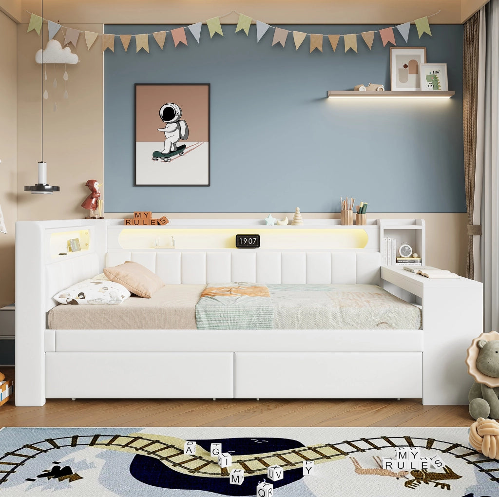 Daybed imbottito 90x200 cm con USB; LED; scrivania e 2 cassetti; bianco