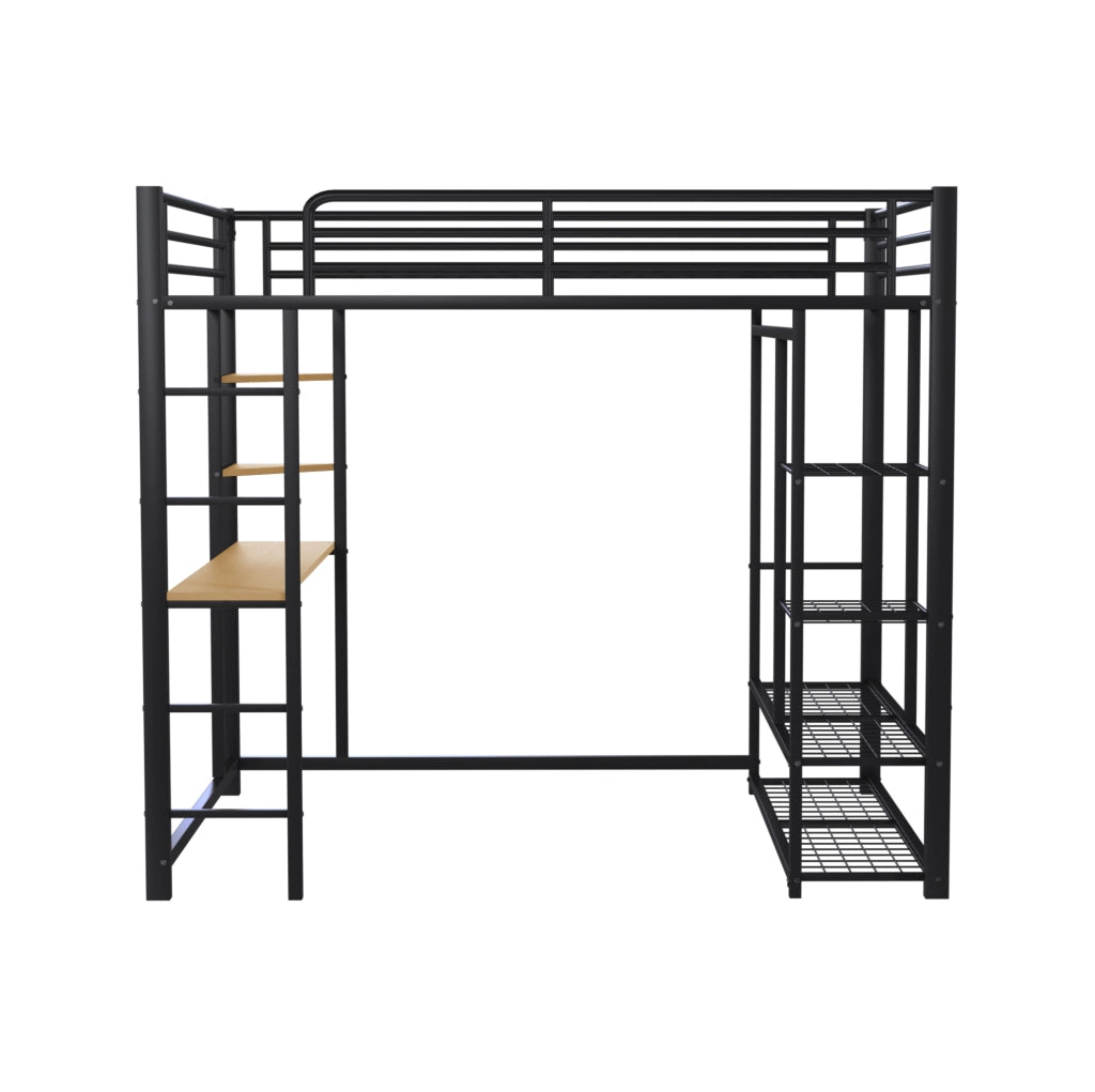 Letto a soppalco in metallo 140x200 cm con scrivania; appendiabiti e ripiani; nero