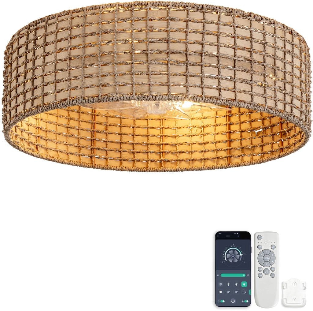 Plafoniera ventilatore a soffitto in rattan 53 cm con luci E26, app e telecomando, rame