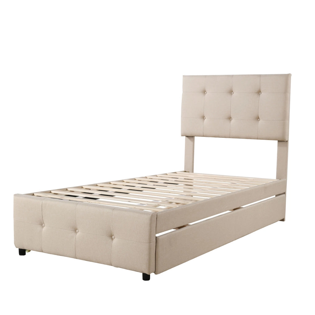 Letto Singolo Imbottito Estraibile ¨C MINIMAL ¨C Testiera Regolabile, Tessuto Beige, 90x200
