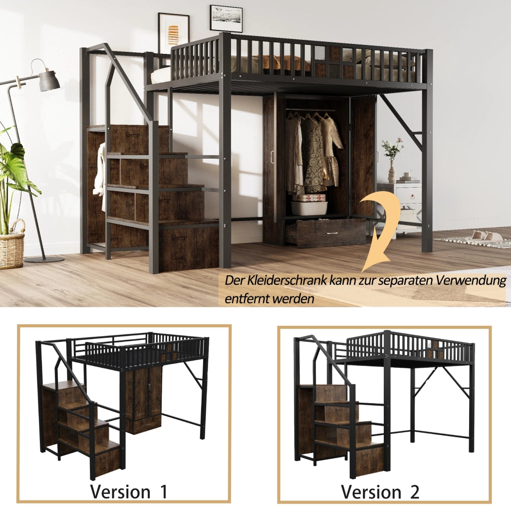 Letto a castello nero in metallo e legno con funzione contenitiva 140x200 cm