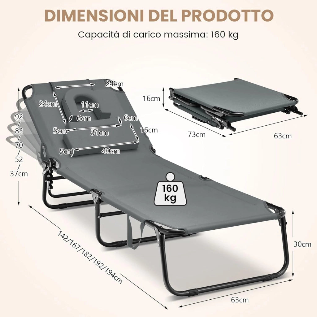 Lettino Pieghevole Spiaggia, Lettino Sdraio da Mare con Foro per il Viso e 3 Cuscini Rimovibili, Schienale Regolabile 5 Posizioni, Lettino Prendisole da Campeggio, Portata 160kg (1, Grigio)