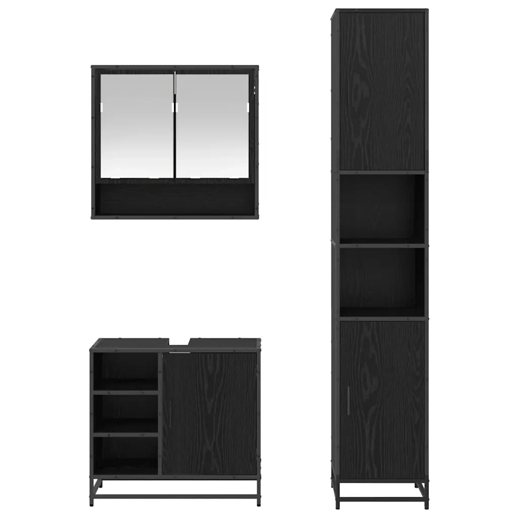 Set di mobili per il Bagno | Armadio da bagno 3 pz Rovere Nero Legno multistrato