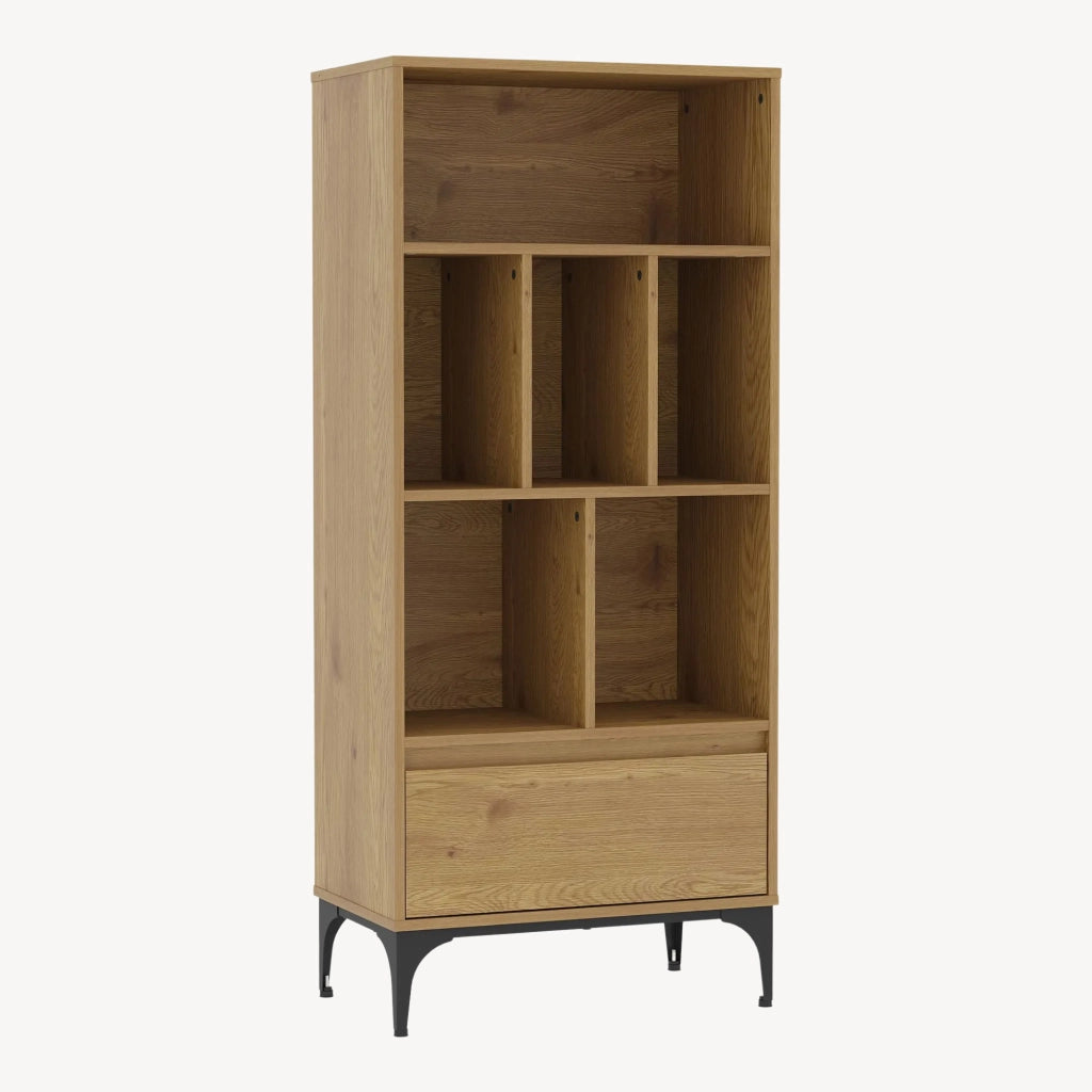 Libreria Kistiandi con 6 Vani Aperti e Cassetto 137 x 60 x 35 cm - Effetto Rovere Scuro [en.casa]