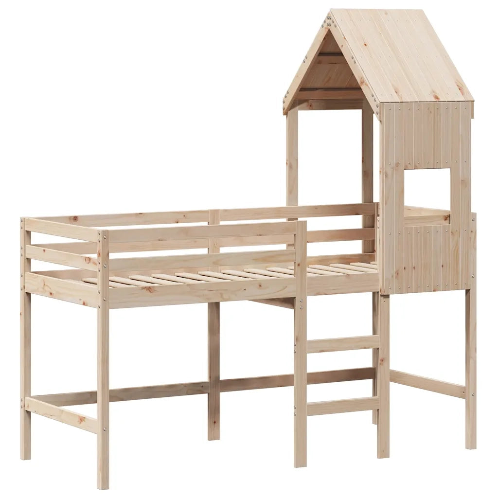 Letto Soppalco con Scala e Tetto 90x190 cm Legno Massello Pino