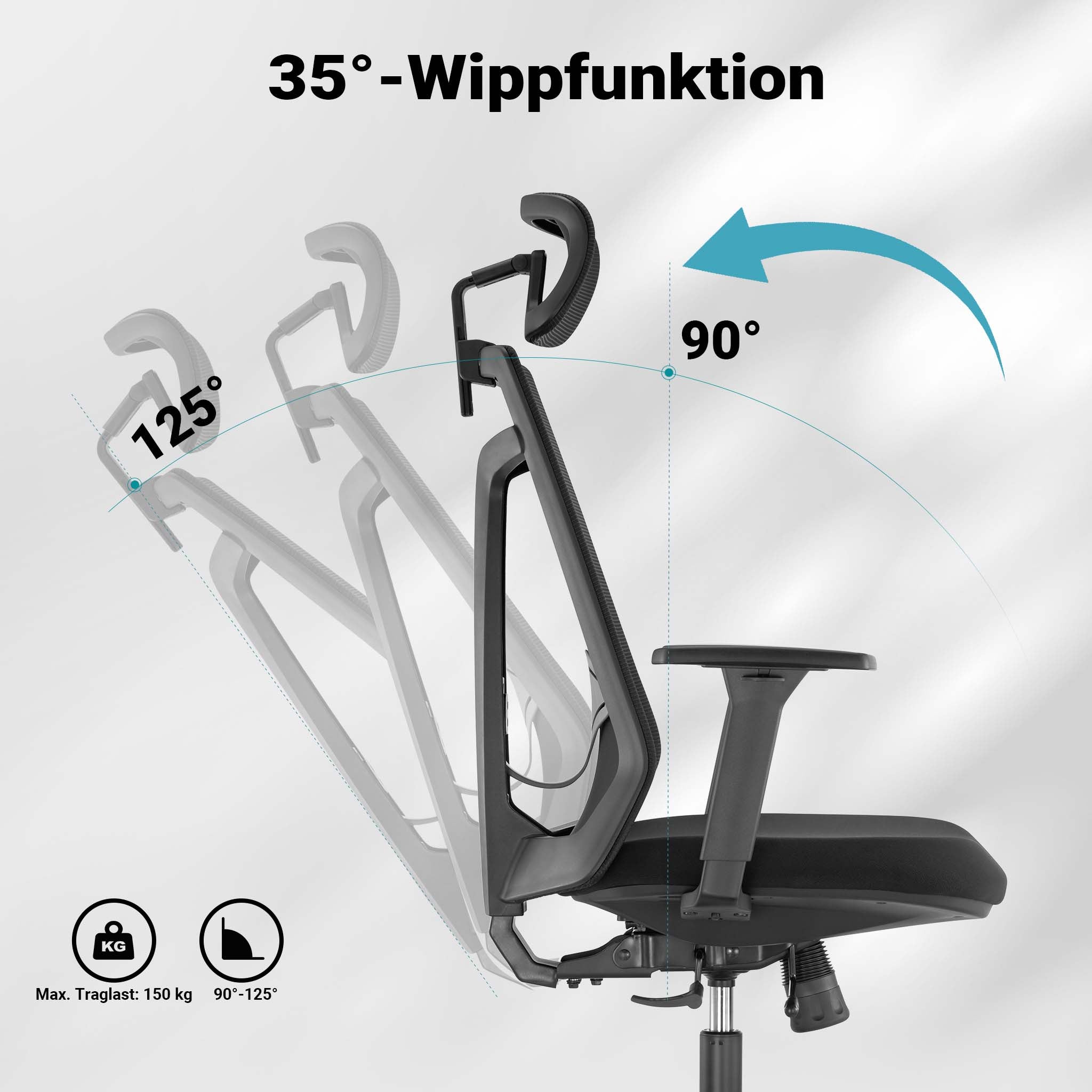 Sedia da ufficio ergonomica con regolazione in altezza e profondità, poggiatesta e braccioli regolabili, con supporto lombare, max 150 kg