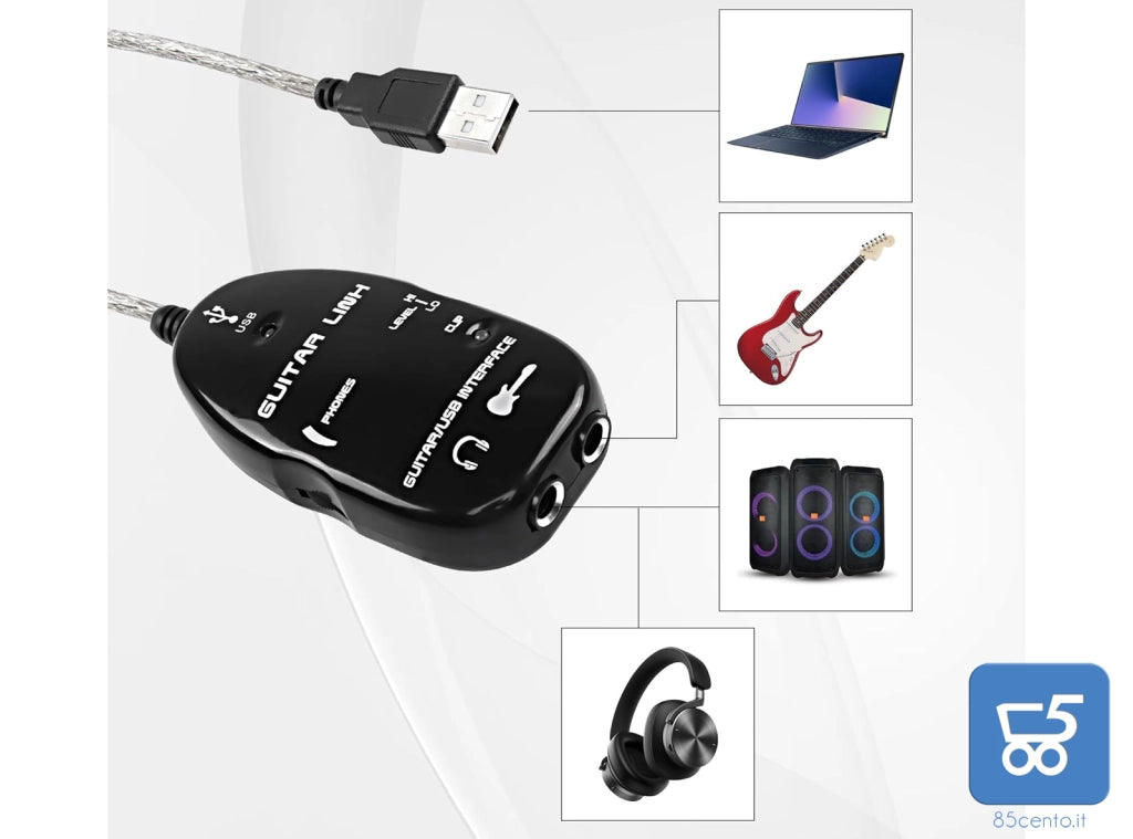 Scheda audio USB Guitar Link per Chitarra Adattatore USB di registrazione PC MAC Lunghezza 1 Metro con Uscita Cuffie