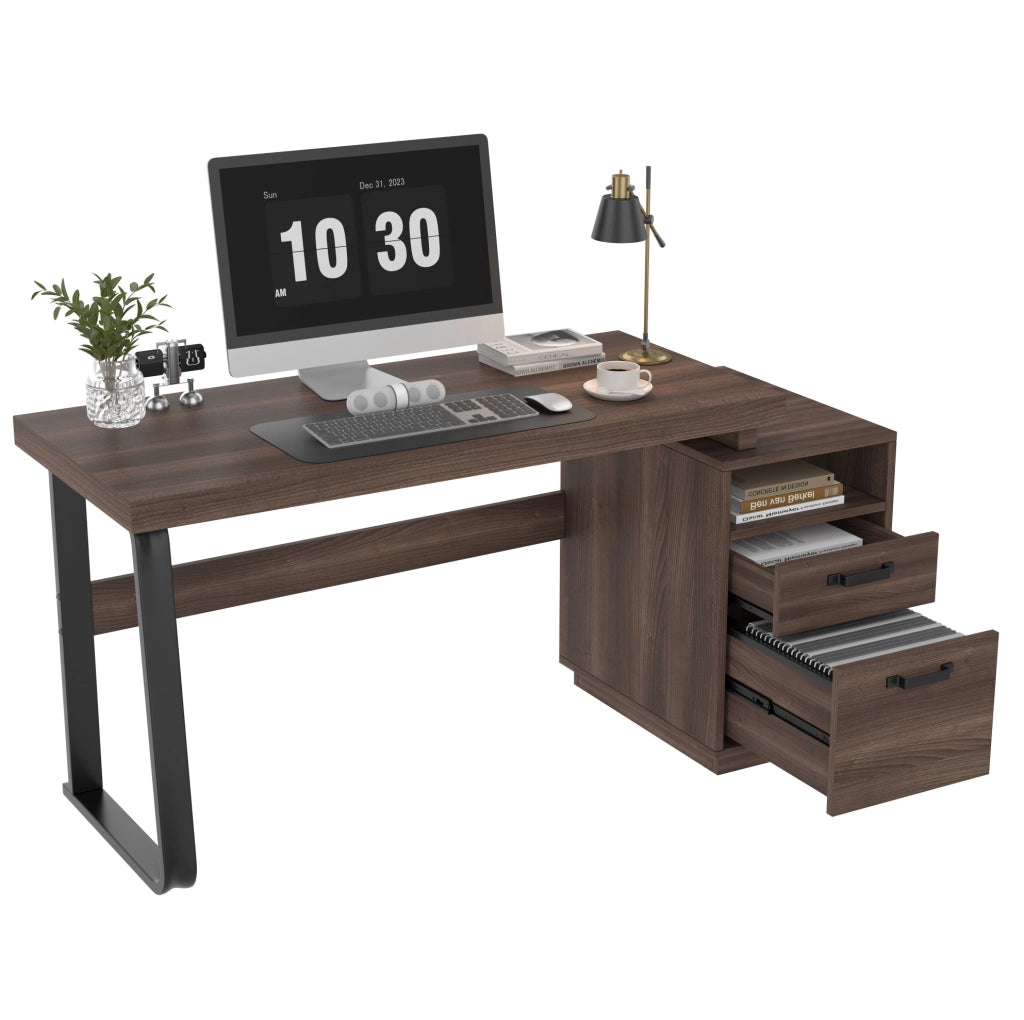 Scrivania marrone 135 x 54 cm in MDF e metallo con cassetto e vani