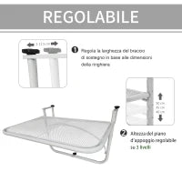 Tavolo da Ringhiera con Ganci ad Altezza Regolabile su 3 Livelli, in Metallo, 60x56.5x45 cm, Bianco