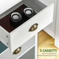 Mobile Cassettiera con 5 Cassetti Colorati, Comò Alto e Salvaspazio, Multicolore Blu