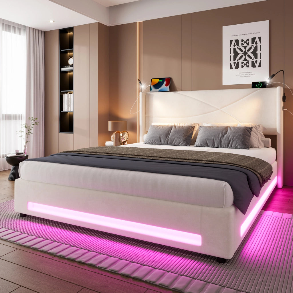 OKWISH Letto Contenitore 140×200 cm, Letto Matrimoniale con USB, Lampade da Lettura e LED Regolabile, senza Materasso, in Velluto, Beige