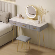 Toeletta Trucco con Luci LED, Luminosità Regolabile, Postazione Tavolo Make Up con Sgabello in Velluto, 3 Cassetti, Facile Montaggio, Moderno, Bianco+Grigio, MB6108gr